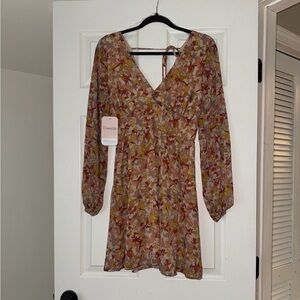 Floral Long-Sleeve V-Neck Mini Dress in Multi-Color